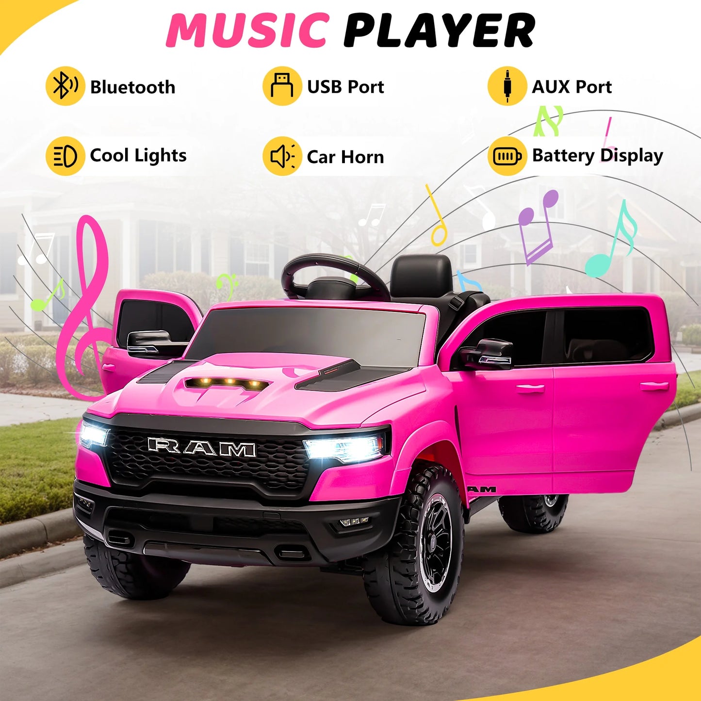 Dodge RAM Ride on Car, 12V Powered Ride on Toy with Remote Control, 4 Wheel Suspension, 5 Point Safety Belt, MP3 Player, Bluetooth, LED Lights, Electric Cars for 3-8 Years Boys Girls