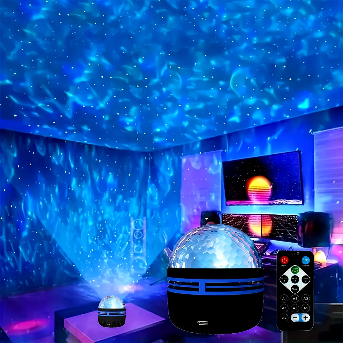 LED Starry Galaxy Ocean Wave Projector RGB Smart Remote Control Lamp KTV USB Christmas Lights Auto Rotate for Home Bedroom Decor